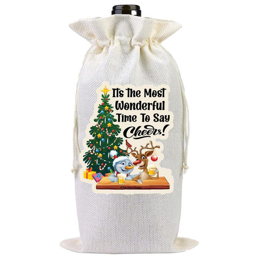 Whimsical Wine Gift Bag, Liquor Bottle Bag, 'It's the Most Wonderful Time to Say Cheers'